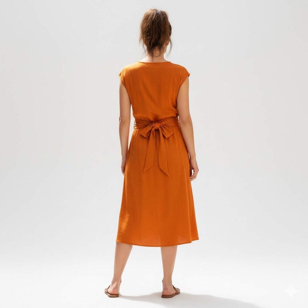 Zara orange jacquard tie front short sleeve long maxi dress Sz Small - Picture 4 of 7